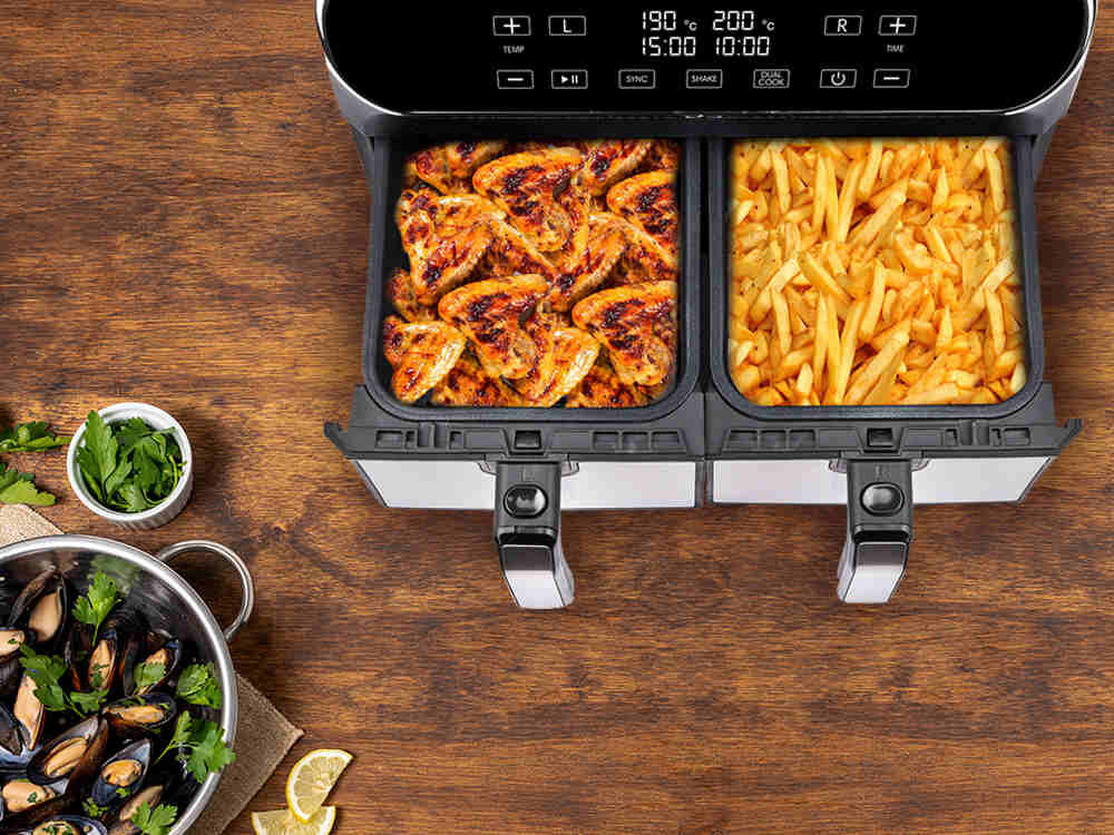 Frytkownica beztłuszczowa G3FERRARI Friggisano Duo Czarny Air Fryer z podwójnym koszem zdrowo szybko cyrkulacja powietrza smaczne chrupiace