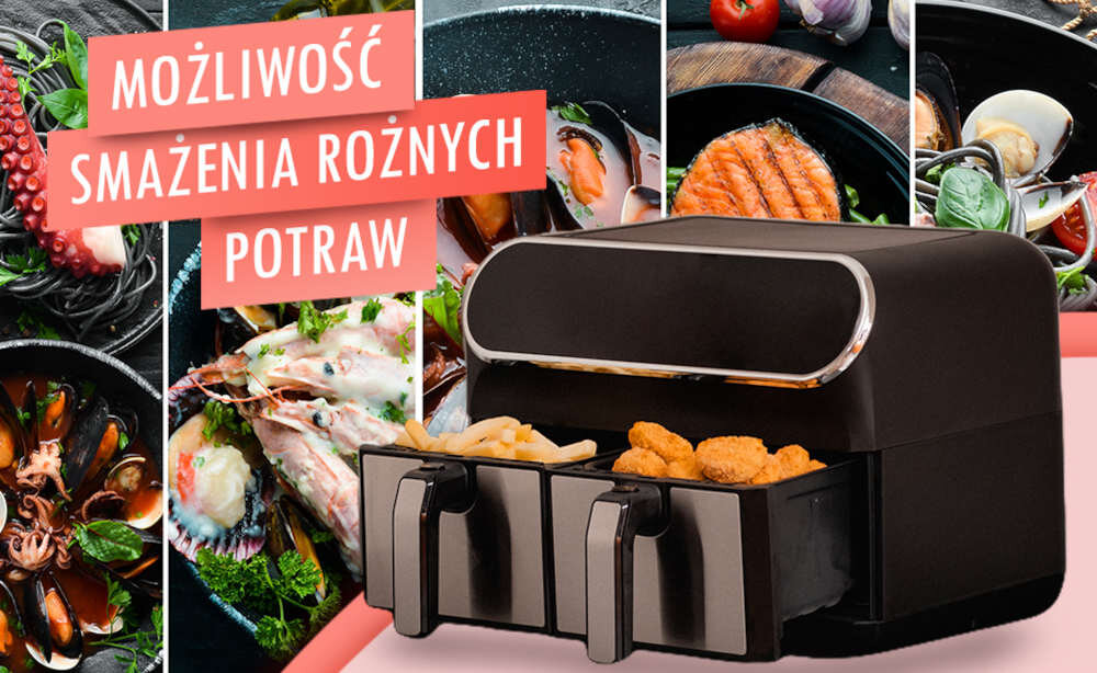Frytkownica beztłuszczowa G3FERRARI Friggisano Duo Czarny Air Fryer z podwójnym koszem Dwa różne dania dwa pojemniki pojemnosc 4 l funkcja SYNC