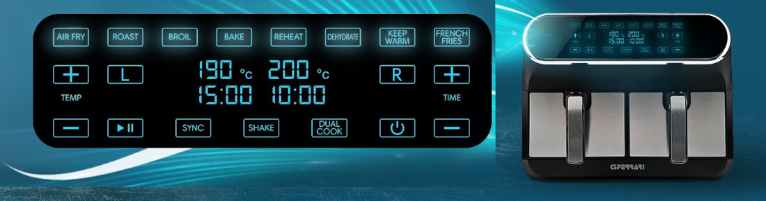 Frytkownica beztłuszczowa G3FERRARI Friggisano Duo Czarny Air Fryer z podwójnym koszem 8 trybów smazenie pieczenie odgrzewanie suszenie utrzymywanie ciepla rozmrazanie