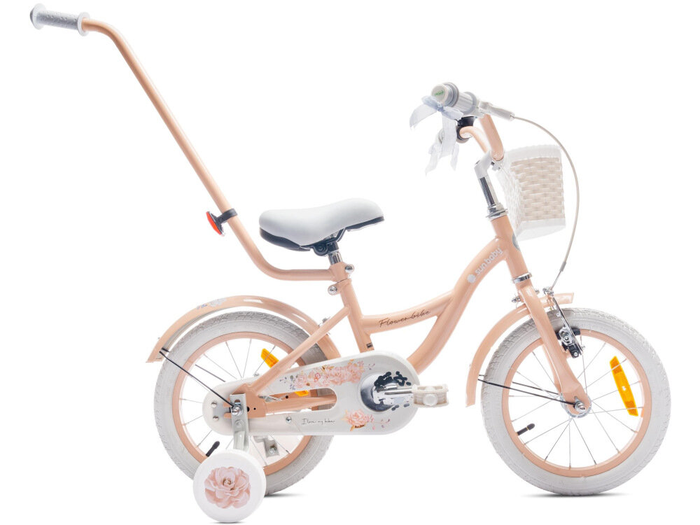 Rower dziecięcy SUN BABY Flower 14 cali dla dziewczynki Morelowy pałąk prowadzący dla rodzica pomoże w szlifowaniu jazdy na jednośladzie