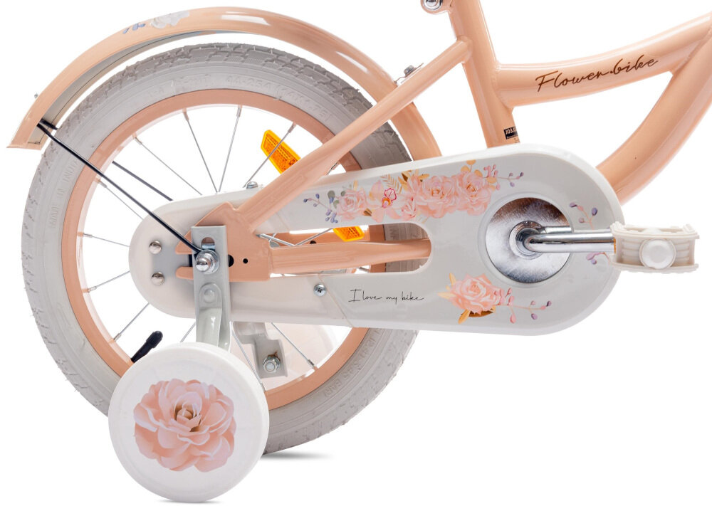 Rower dziecięcy SUN BABY Flower 16 cali dla dziewczynki Morelowy koła 14-calowe aluminiowe obręcze boczne kółka asekurują dziecko w początkowej fazie nauki łańcuch roweru bezpiecznie ukryty kwiatowa osłona błotniki regularne sprawdzanie ciśnienia powietrza wartość na bocznej części opony