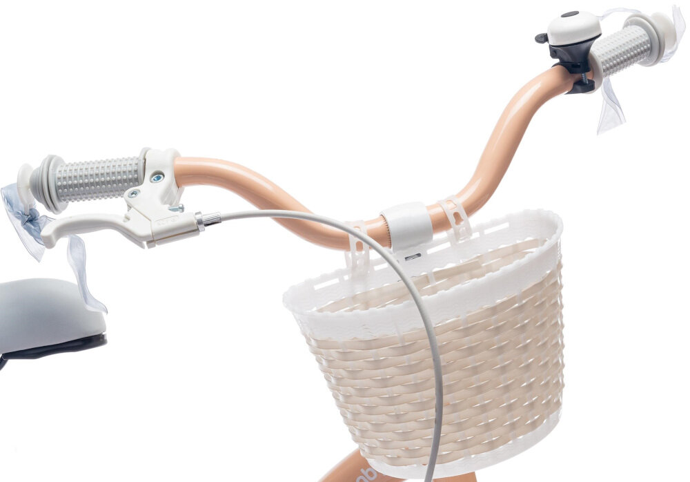 Rower dziecięcy SUN BABY Flower 16 cali dla dziewczynki Morelowy najwyższy komfort jazdy dziecko nie odczuje dyskomfortu zapewniona odpowiednia pozycja ciała uchwyty pokryte antypoślizgowym materiałem zabezpieczą ręce przed otarciami możliwość regulacji w zakresie 72-80 cm wstążki dzwonek koszyk na drobiazgi