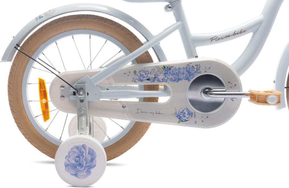 Rower dziecięcy SUN BABY Flower 16 cali dla dziewczynki Niebieski koła 16-calowe aluminiowe obręcze boczne kółka asekurują dziecko w początkowej fazie nauki łańcuch roweru bezpiecznie ukryty kwiatowa osłona błotniki regularne sprawdzanie ciśnienia powietrza wartość na bocznej części opony