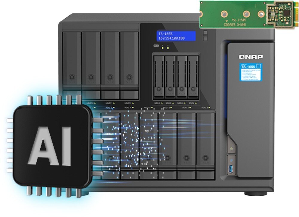 Serwer plików QNAP TS-1655-8G Serwer z ikoną procesora z napisem 'AI' oraz grafiką przedstawiającą rozszerzenie w postaci modułu M.2, gniazda M.2, akcelerator Coral, rozbudowa