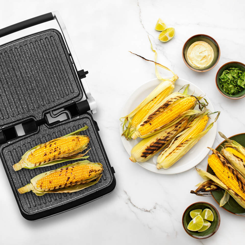 Grill elektryczny ZEEGMA Chef Srebrny otwarcie pełen zakres powierzchnia grillowania