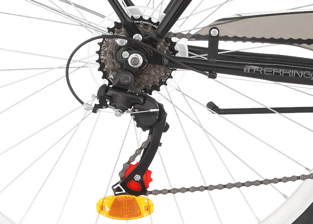 Rower trekkingowy INDIANA Trekker M21 26 cali męski Czarny 21 przełożeń przerzutki na przód na tył SHIMANO Tourney lekkie niezawodne rozwiązanie do rekreacyjnej jazdy na niewymagającej nawierzchni duża wytrzymałość sprawne działanie zmmian biegów płynna bezproblemowa
