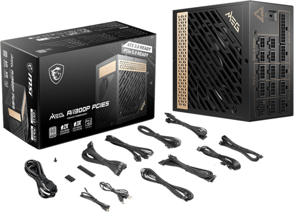 Zasilacz MSI MEG AI1300P PCIE5 1300W 80 Plus Platinum zestaw akcesoria kable dokumentacja