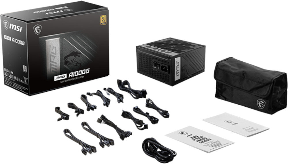 Zasilacz MSI MPG A1000G PCIE5 1000W 80 Plus Gold zestaw akcesoria kable dokumentacja