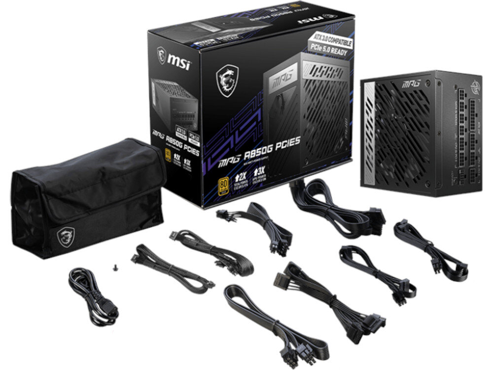 Zasilacz MSI MPG A850G PCIE5 850W 80 Plus Gold zestaw akcesoria dodatki dokumentacja