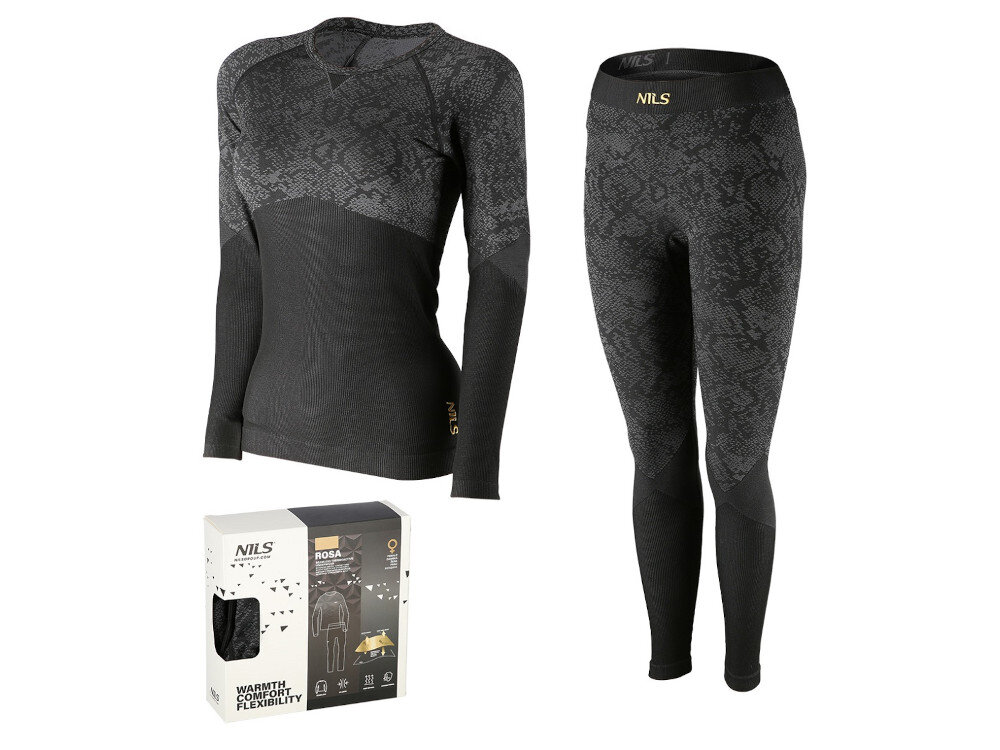 Bielizna termoaktywna NILS Rosa (rozmiar L-XL) Czarny w zestawie długie spodnie koszulka z długim rękawem szerokość bioder 82-108 cm obwód klatki piersiowej 86-104 obwó pasa 70-94 rozmiar L-XL