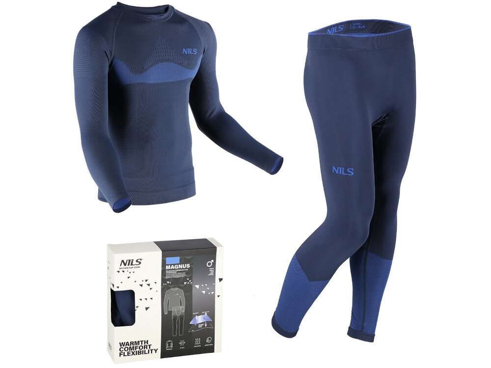 Bielizna termoaktywna NILS Magnus (rozmiar L-XL) Granatowy w zestawie długie spodnie koszulka z długim rękawem szerokość bioder 96-112 cm obwód klatki piersiowej 90-116 obwó pasa 82-108 rozmiar L-XL