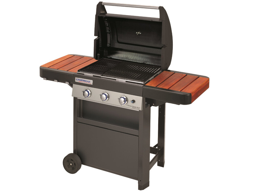 Grill gazowy CAMPINGAZ Classic WLD Seria 3 3 palniki tubowe o mocy 9,6 kW trwałość wysoka temperatura dokładna kontrola płomienia płomień w kształt litery V osłoa palnika z zabezpieczonymi otworami wentylacyjnymi równomierna dystrybucja ciepłą zapobiega przypalaniu się tłuszczu