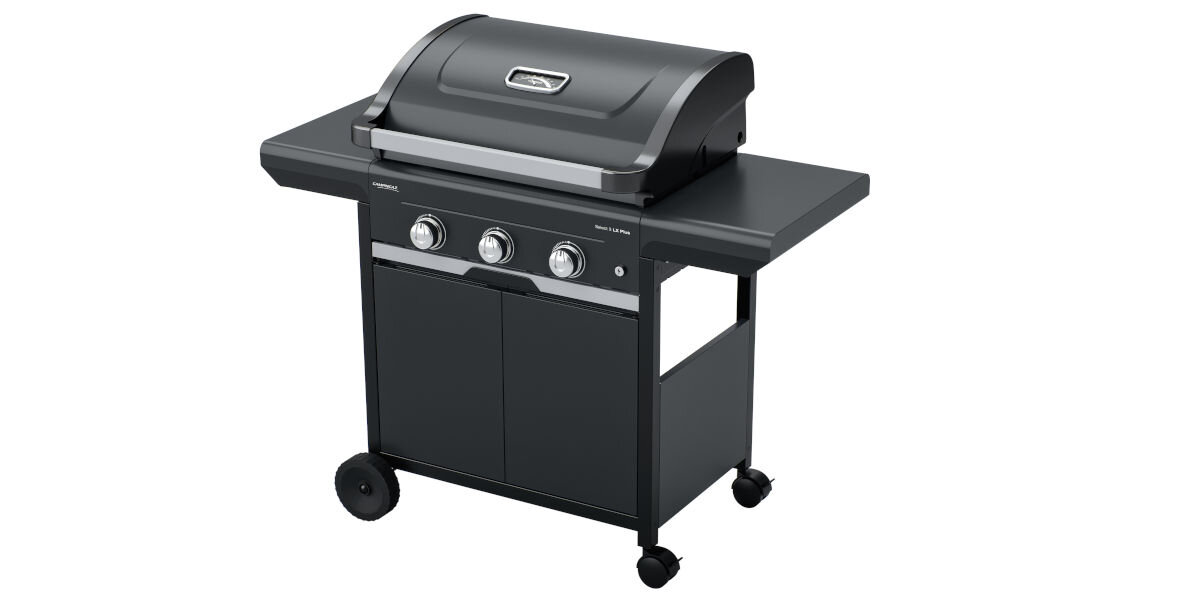 Grill gazowy CAMPINGAZ SELECT LX PLUS Seria 3, mierzy, wymiary, otwarte, zamknięte, na białym tle grill frontem prawo skos