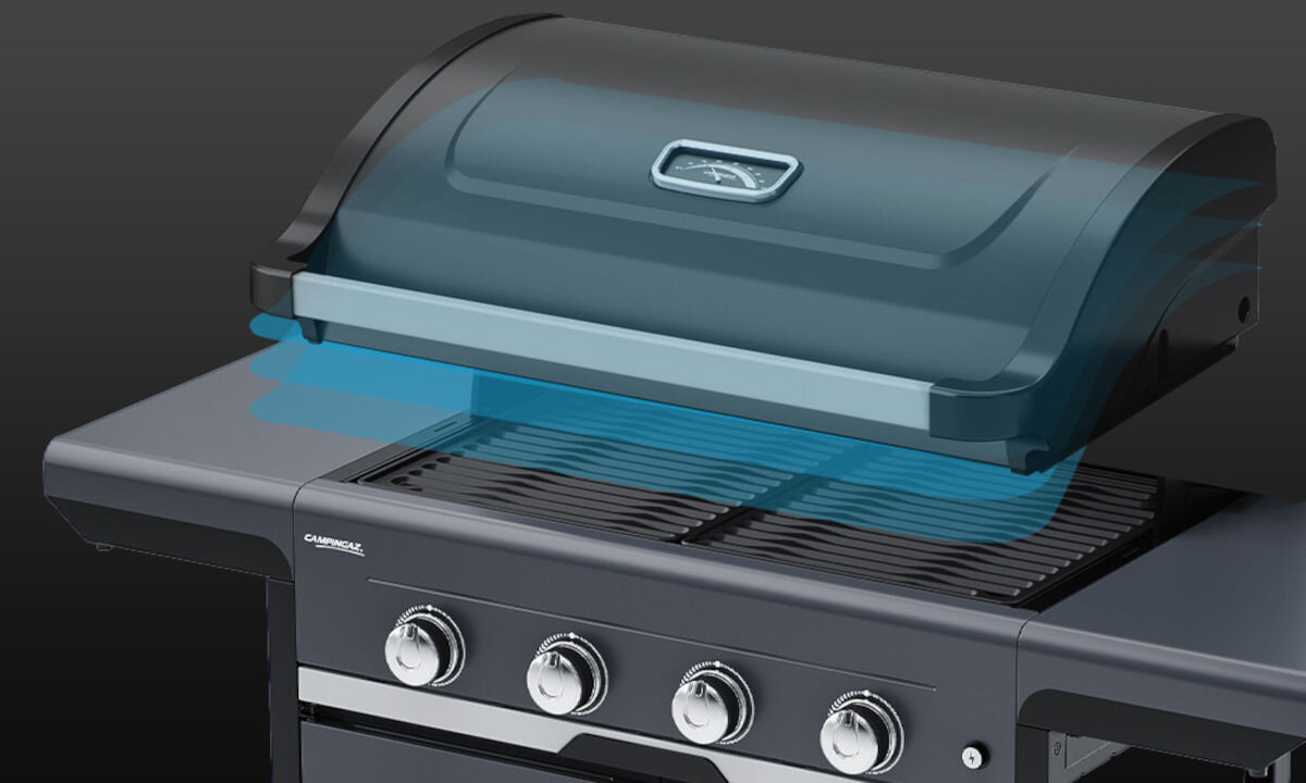 Grill gazowy CAMPINGAZ Select LX PLUS Seria 4 12 kW 46 x 72 cm, bezpośrednią, pośrednią, Zintegrowany, termometr,na czarnym tle wizualizacja pokrywy i termometra grilla