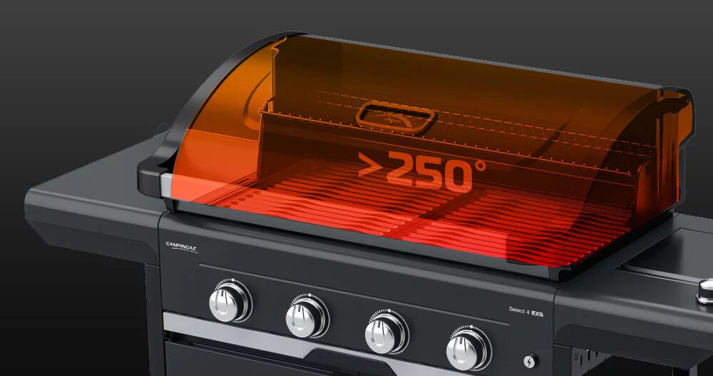 Grill gazowy CAMPINGAZ Select EXS Seria 4 temperatura powyzej 250°C system Even-Temp® rownomierna temperatura dodatkowa warstwa izolacyjna stla temperatura na ruszcie