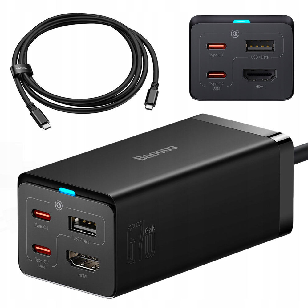 Na obrazie widoczna jest czarna ładowarka z logo \'Baseus\', posiadająca dwa porty USB-C, jeden port USB oraz port HDMI. Obok znajduje się czarny kabel z dwoma końcówkami USB-C.