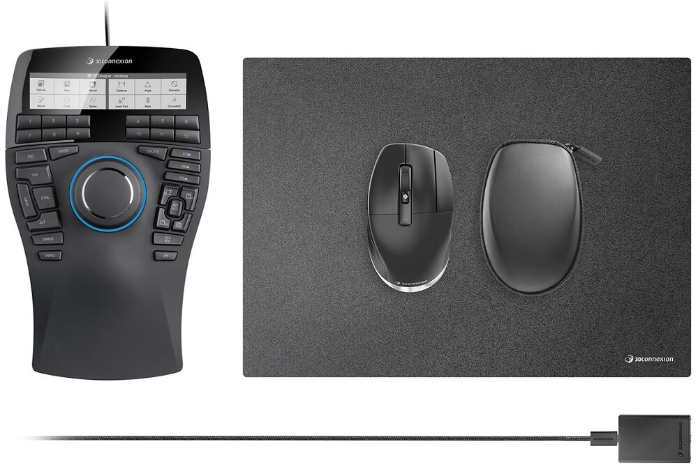 Zestaw 3DCONNEXION 3DX-700107 SpaceMouse Enterprise Kit 2 SpaceMouse® Enterprise CadMouse Pro Wireless z etui ochronne CadMouse Pad 3Dconnexion Universal Receiver Dwuportowy hub USB Kabel USB-C 1,5 m Kabel micro USB 0,5 m