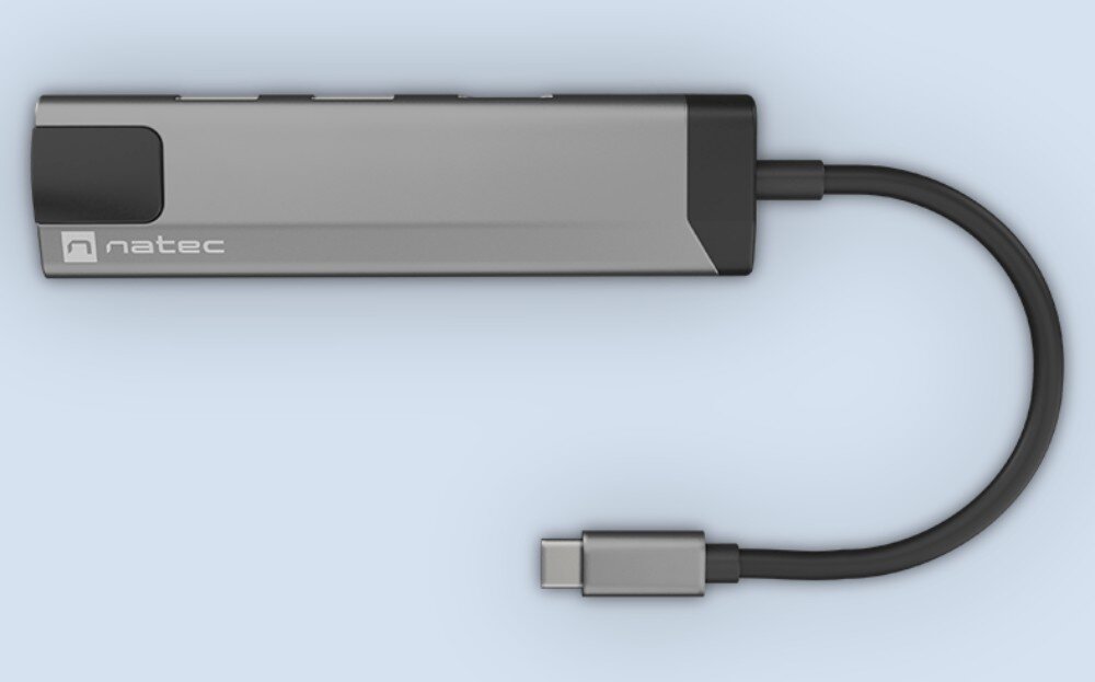 Hub NATEC Fowler Go 5w1 Urządzenie z kablem łączącym i eleganckim wyglądem zawierającym logo marki.