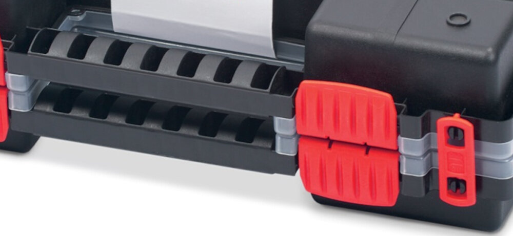 Organizer KISTENBERG NORS DUO 40 zbliżenie na uchwyt i zapięcie ergonomiczny uchwyt wymiary 398 × 303 × 100 mm stabilny i praktyczny spięcie dwóch części lepsze uporządkowanie