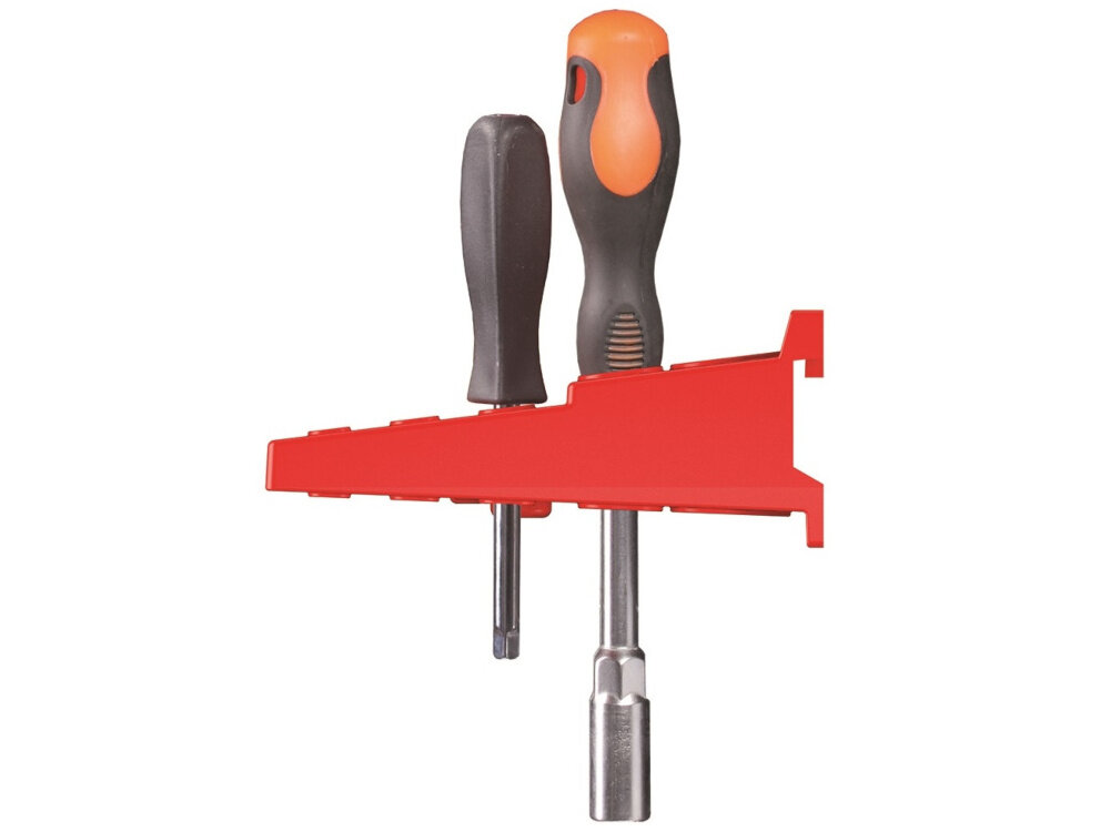 Półka narzędziowa KISTENBERG Bineer KBSS40 kawałek półki na białym tle wymiary 384 x 125 x 50 mm waga 0,3 kg stabilność 6 haczyków