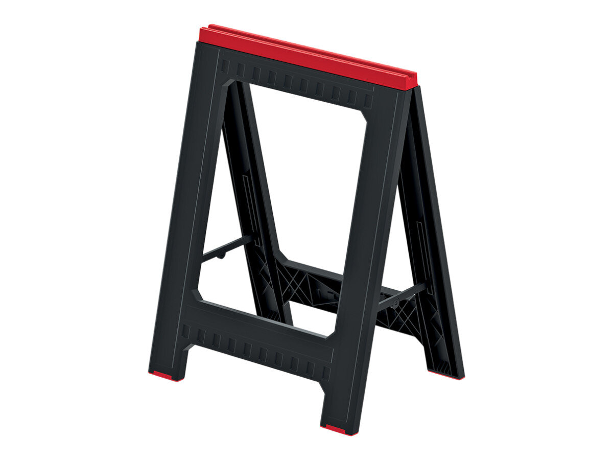 Kobyłka KISTENBERG Titan Stand KTIS8060, konstrukcja, wytrzymałość, równowaga, bezpieczeństwo, Złożony plastikowy kozioł warsztatowy, czarno‑czerwony