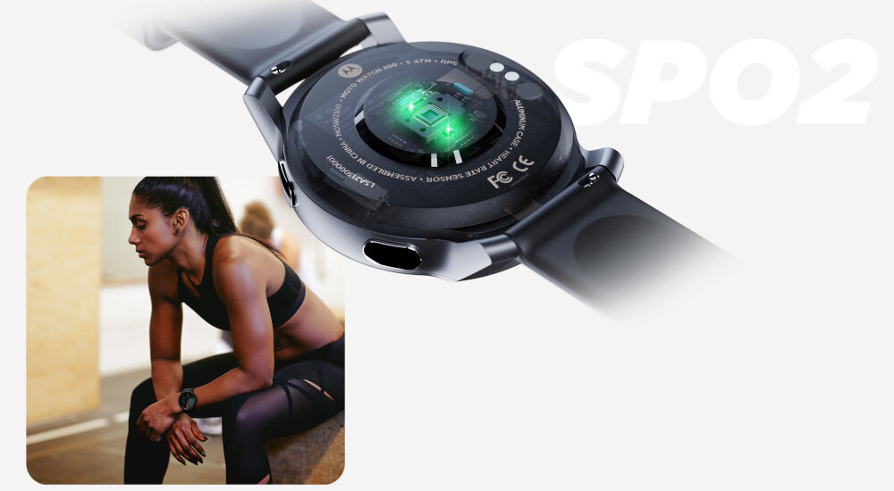 Smartwatch MOTOROLA Moto Watch 100 Czarny ekran bateria czujniki zdrowie sport pasek ładowanie pojemność rozdzielczość łączność sterowanie krew puls rozmowy smartfon aplikacja