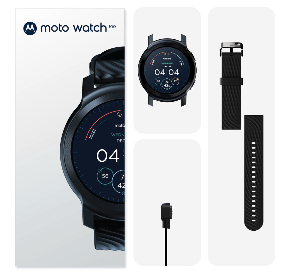 Smartwatch MOTOROLA Moto Watch 100 Czarny ekran bateria czujniki zdrowie sport pasek ładowanie pojemność rozdzielczość łączność sterowanie krew puls rozmowy smartfon aplikacja