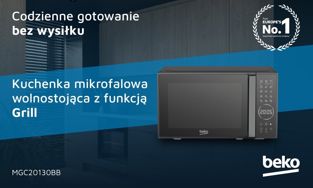 Obraz przedstawia czarną kuchenkę mikrofalową z funkcją grill, z widocznym logo \'beko\'. Na obrazie znajduje się tekst: \'Codzienne gotowanie bez wysiłku\', \'Kuchenka mikrofalowa wolnostojąca z funkcją Grill\', \'MGC20130BB\'.