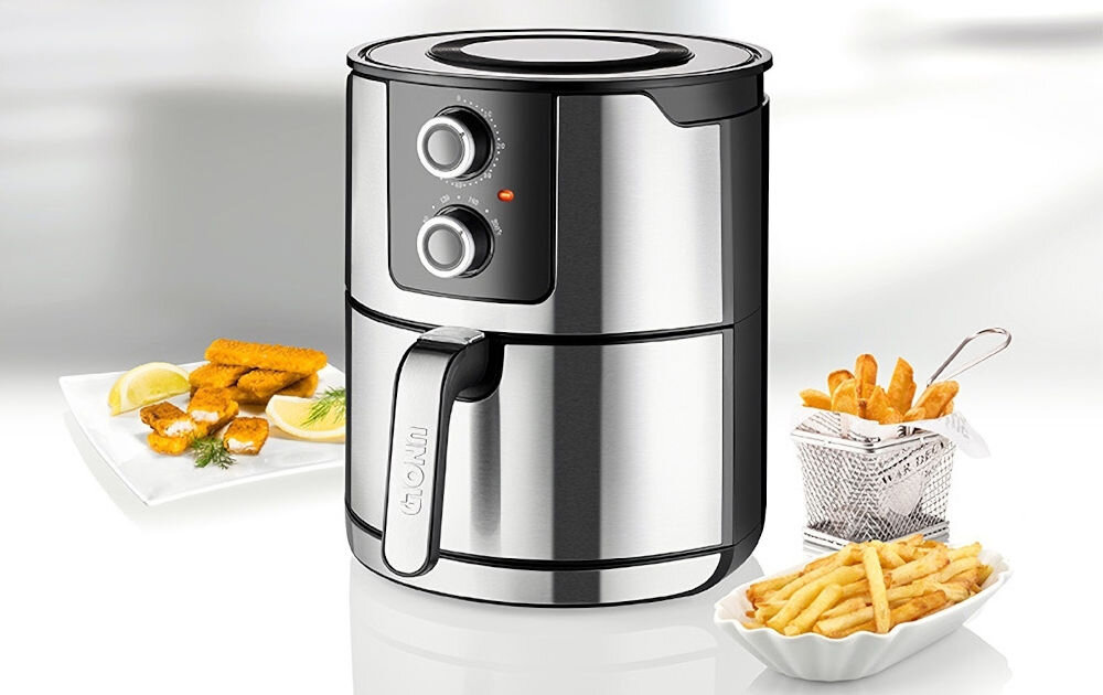 Frytkownica beztłuszczowa UNOLD XL 58655 Srebrny Air Fryer do 1kg frutek chrupiące na zewnątrz miękkie w środku precyzyjna regulacja temperatury łatwa obsługa przygotowanie smacznych różnorodnych potraw