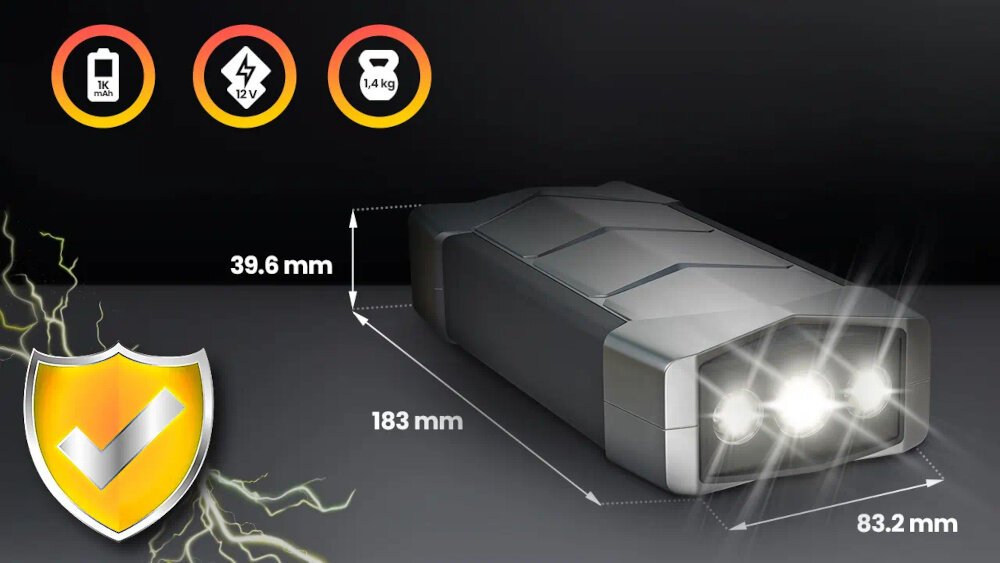 Urządzenie rozruchowe EXTRALINK Jump Max7 Starter wymiary swiatlo funkcje wszechstronne potezne narzedzie rozruchowe szybki bezpieczny rozruch akumulatora funkcje dodatkowe powerbank kompas mlotek bezpieczenstwa latarka LED niewielka konstrukcja latwe uzycie szeroka kompatybilnosc bezpieczenstwo spokoj