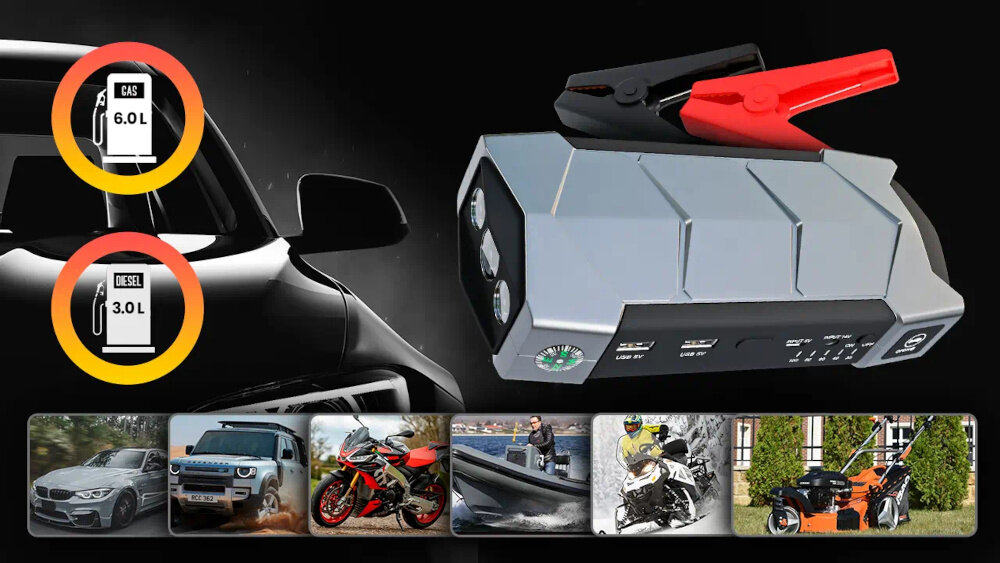 Urządzenie rozruchowe EXTRALINK Jump Max7 Starter ladowanie akumulatorow przeznaczony do roznych pojazdow do uzytku w silnikach benzynowych o pojemnosc do 6 litrow i silnikow wysokopreznych o pojemności do 3 litrow napiecie ladowania 12 V napiecie zasilajace 5 V