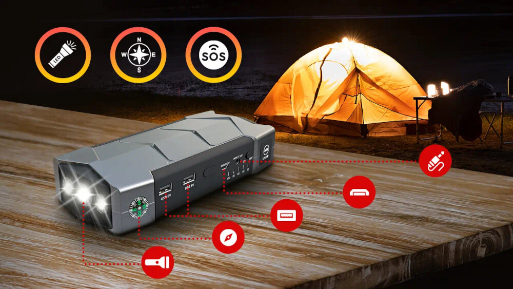 Urządzenie rozruchowe EXTRALINK Jump Max7 Starter namiot dodatkowe funkcje oswietlenie wbudowana latarka LED bezpieczenstwo tradycyjne swiatlo swiatlo stroboskopowe sygnal SOS funkcja kompasu mlotek bezpieczenstwa