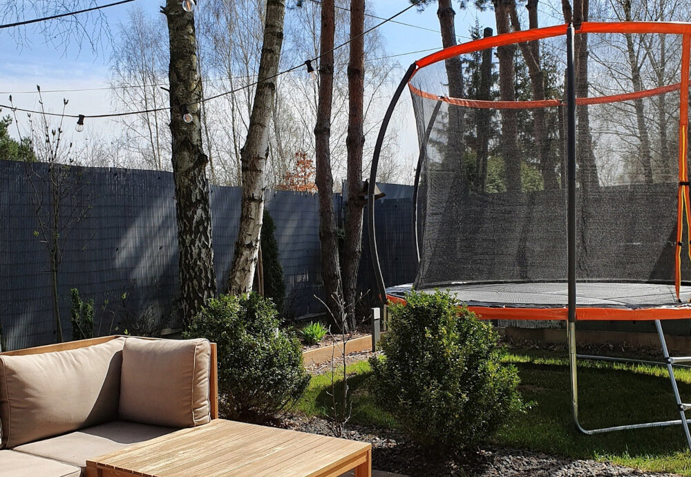 Trampolina MIRPOL Pro Fiber 12FT 366 cm błyszcząca podkładka bezpieczeństwa stelaż ze stali galwanizowanej Średnica 366 cm wysokość 260 cm