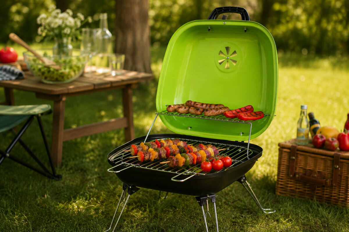 Na trawie stoi otwarty, zielono-czarny grill węglowy z jedzeniem na ruszcie. W tle widoczny jest stół z sałatką i napojami oraz kosz piknikowy.