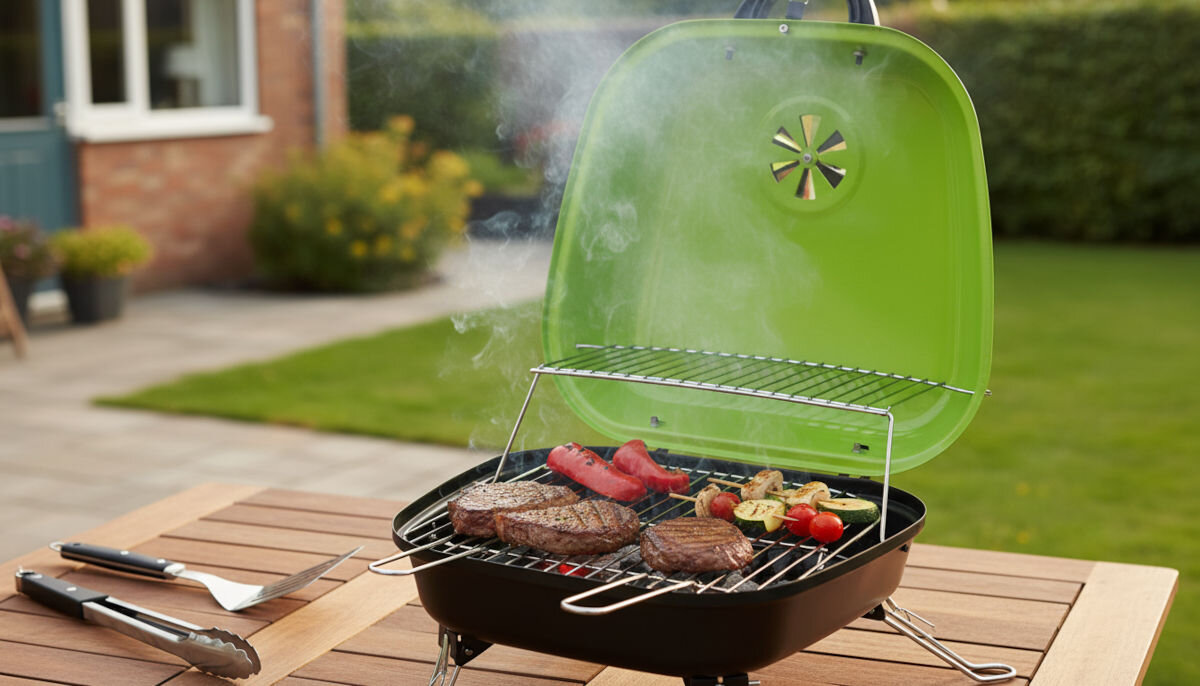 Na drewnianym stole stoi grill ogrodowy z zieloną pokrywą, na którym grillowane są steki, papryka i warzywa. W tle widać ogród z trawnikiem i żywopłotem.