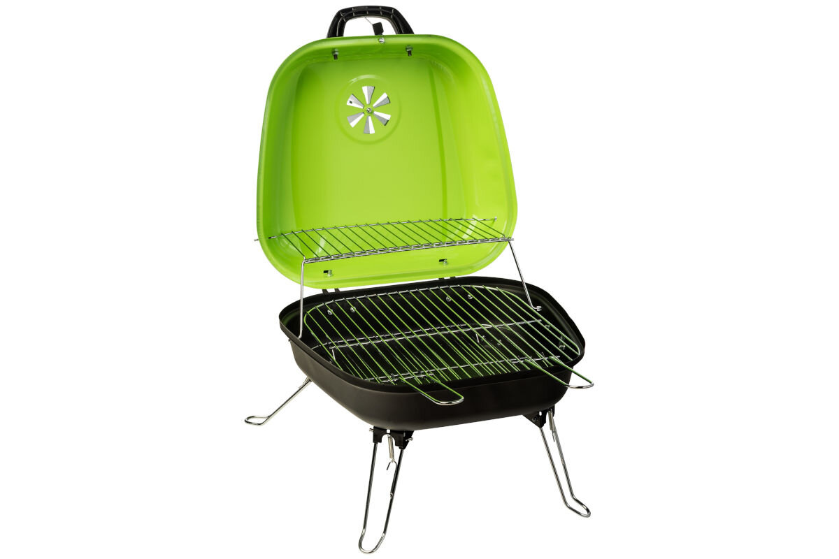 Grill ogrodowy węglowy z zieloną pokrywą i metalowym rusztem, posiada składane nóżki. Pokrywa ma otwór wentylacyjny w kształcie kwiatka.