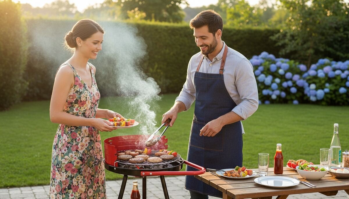Grill ogrodowy węglowy ACTIVA 19771 Okrągły, na kółkach, Grill, uczta, ogród, spotkania, Para grillująca w słonecznym ogrodzie.