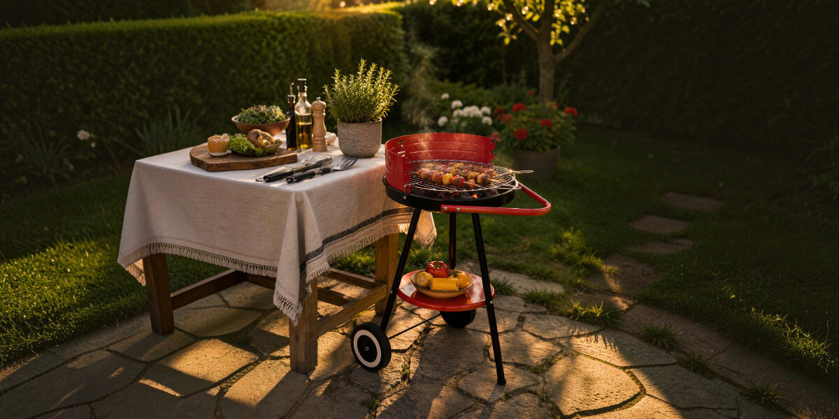 Grill ogrodowy węglowy ACTIVA 19771 Okrągły, na kółkach, Ruszt, przestrzeń, 41cm, grillowanie, Grill ogrodowy obok nakrytego stołu.