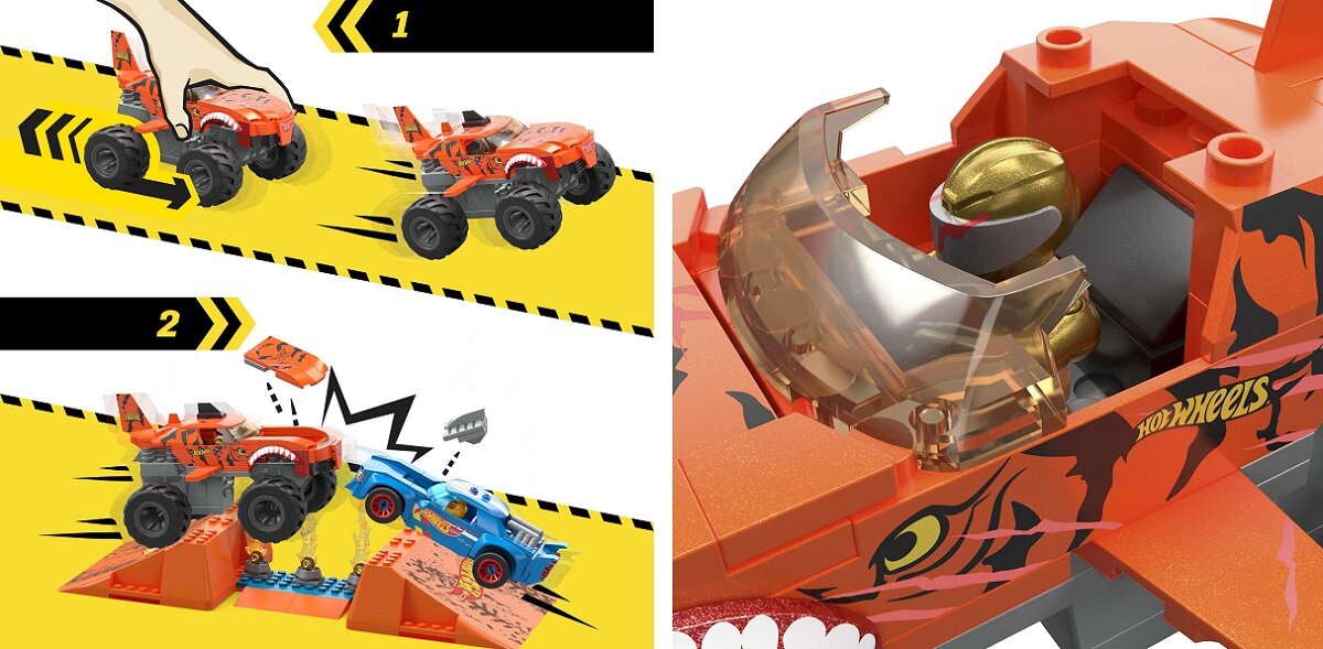 klocki plastikowe Hot Wheels Tiger Shark Kaskaderski skok HKF88 Kraksa demolka Figurka kierowcy Elementy Szczegółowy Kreatywna zabawa