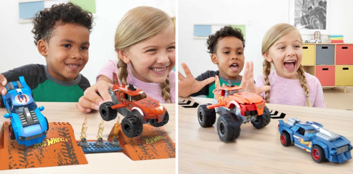 klocki plastikowe Hot Wheels Tiger Shark Kaskaderski skok HKF88 Kraksa demolka Figurka kierowcy Elementy Szczegółowy Kreatywna zabawa