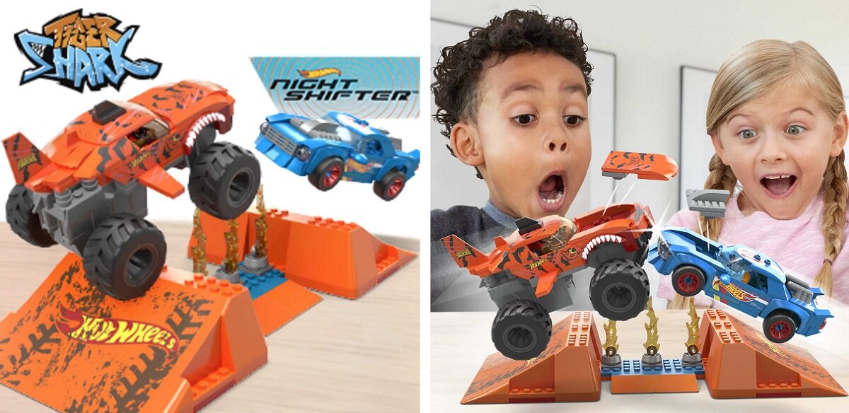 klocki plastikowe Hot Wheels Tiger Shark Kaskaderski skok HKF88 Kraksa demolka Figurka kierowcy Elementy Szczegółowy Kreatywna zabawa