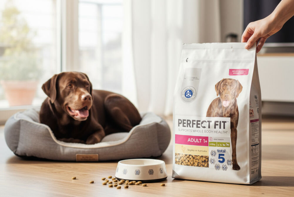 Karma dla psa PERFECT FIT Adult Kurczak 6 kg  Brązowy labrador leży w beżowym legowisku, patrząc na miskę z karmą i dużą torbę karmy Perfect Fit Adult 1+ Bogatej w Kurczaka, którą trzyma w ręce osoba po prawej stronie.
