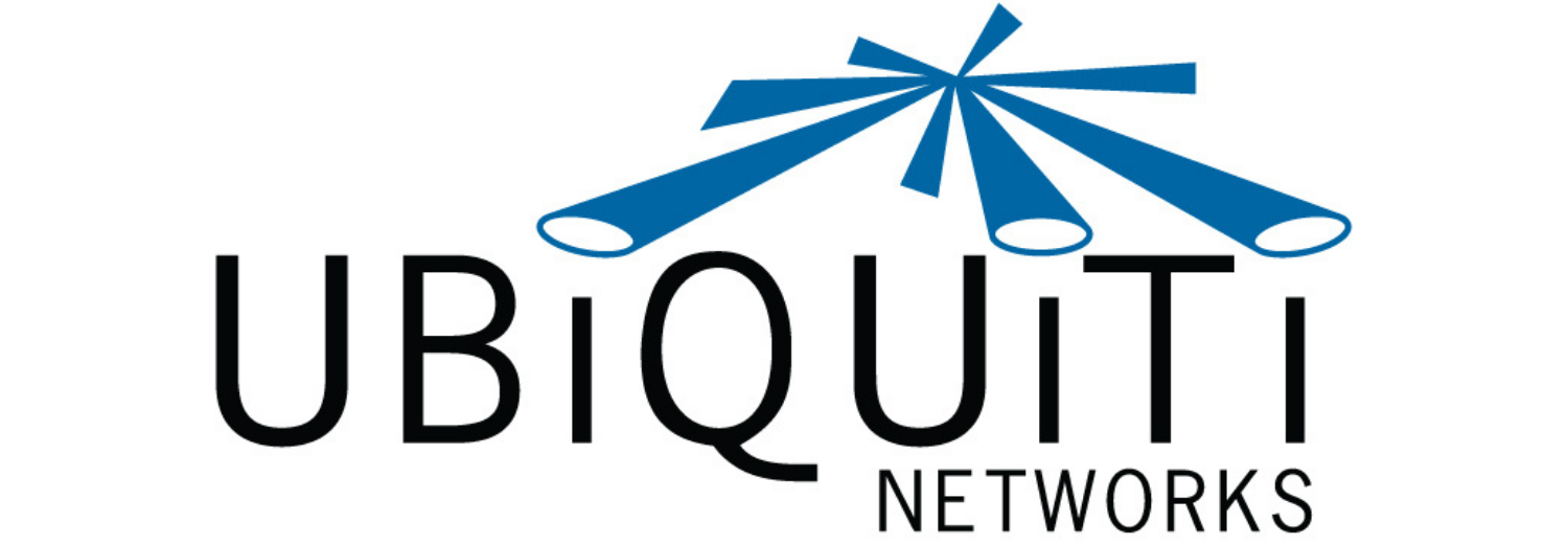 Logo z napisem \'UBIQUITI NETWORKS\' z niebieskimi elementami graficznymi przypominającymi promienie.