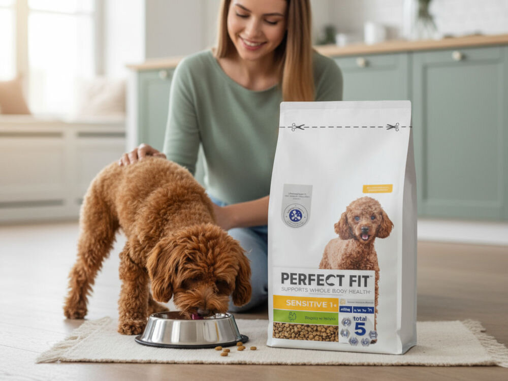 Karma dla psa PERFECT FIT Senior 10+ Kurczak 825 g Uśmiechnięta kobieta głaszcze małego, rudego pudla, który je karmę z metalowej miski na dywaniku. Obok leży duża torba karmy Perfect Fit Sensitive 1+ Bogata w Indyka.
