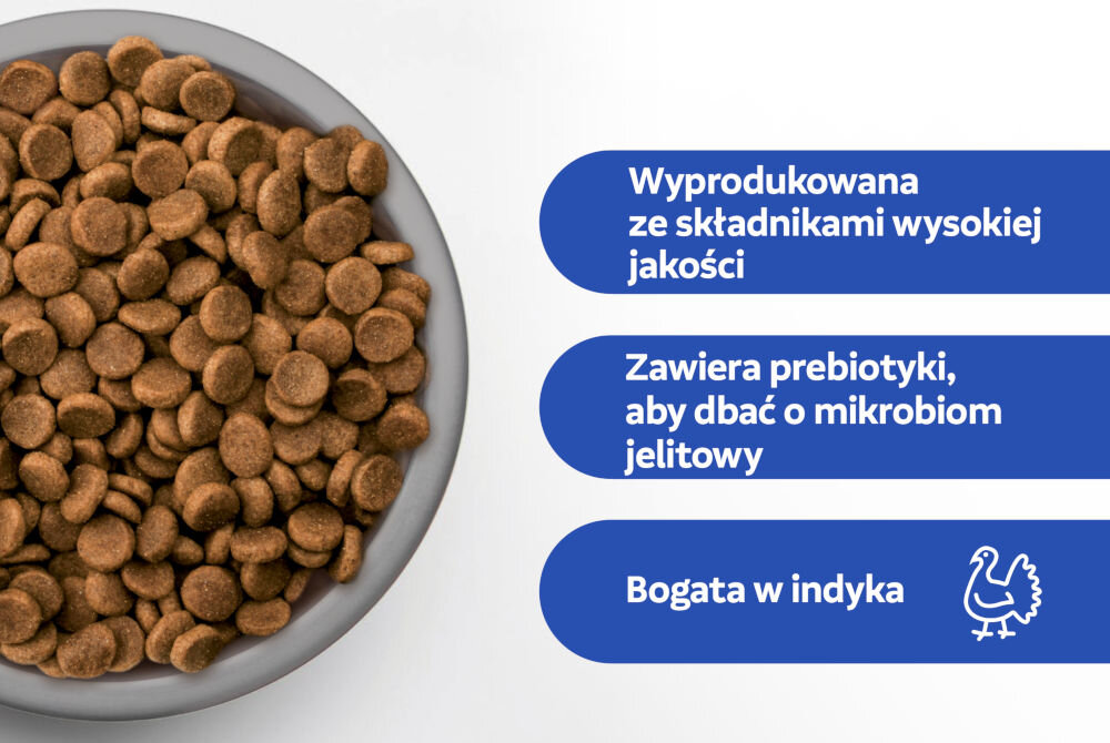 Karma dla psa PERFECT FIT Senior 10+ Kurczak 825 g Srebrna miska wypełniona suchą karmą dla psa w kształcie krążków. Obok wypisane korzyści: Wyprodukowana ze składnikami wysokiej jakości, Zawiera prebiotyki, aby dbać o mikrobiom jelitowy, Bogata w indyka.
