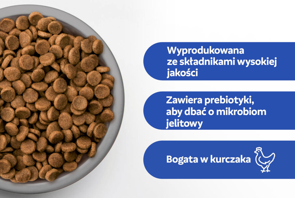 Karma dla psa PERFECT FIT Junior Kurczak 6 kg Srebrna miska wypełniona suchą karmą dla psa w kształcie krążków. Obok wypisane korzyści: Wyprodukowana ze składnikami wysokiej jakości, Zawiera prebiotyki, aby dbać o mikrobiom jelitowy, Bogata w kurczaka.
