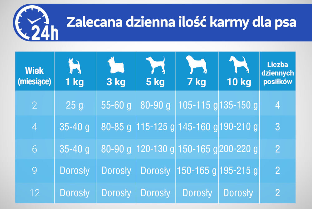 Karma dla psa PERFECT FIT Junior Kurczak 6 kg Tabela Zalecana dzienna ilość karmy dla psa. Przedstawia dzienne porcje karmy w gramach i liczbę posiłków dla szczeniąt w wieku od 2 do 12 miesięcy, w zależności od docelowej wagi dorosłego psa od 1 kg do 10 kg.

