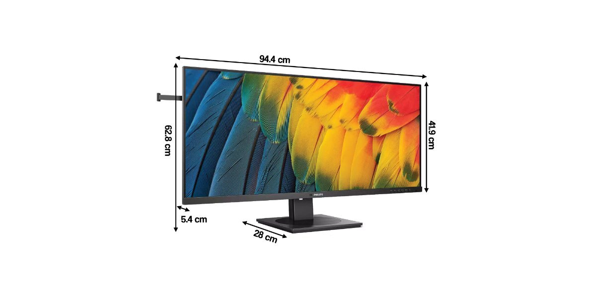 Monitor PHILIPS Seria 5000 40B1U5600 na białym tle - widoczne są wymiary monitora.