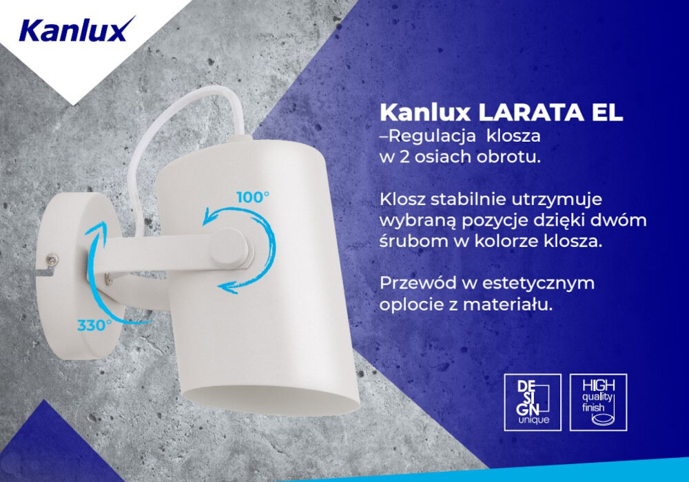 Kinkiet KANLUX Larata EL-10 B Czarny swobodna regulacja kierunku strumienia swiatla wychylenie klosza w zakresie horyzontalnym o 330 stopni w zakresie wertykalnym o 100 stopni stabilna konstrukcja dwie sruby