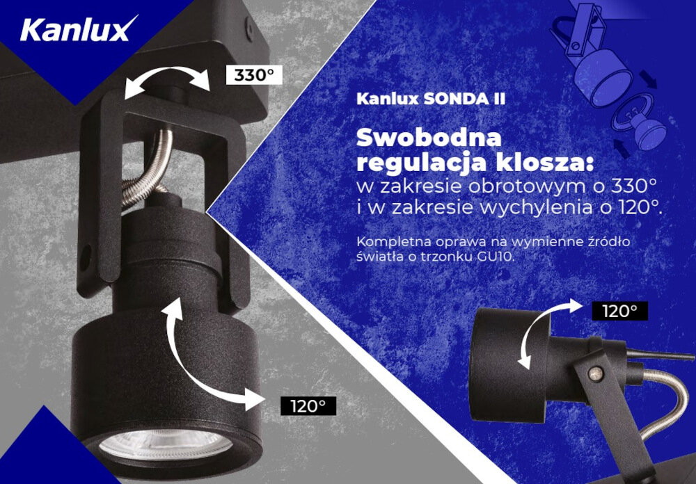 Plafon sufitowy KANLUX Sonda II EL-3O B Czarny technologia LEDjasne rownomierneoswietlenie mozliwosc regulacji strumienia swiatla dwa zakresy regulacji horyzontalny o 330 stopni wertykalny 120 stopni